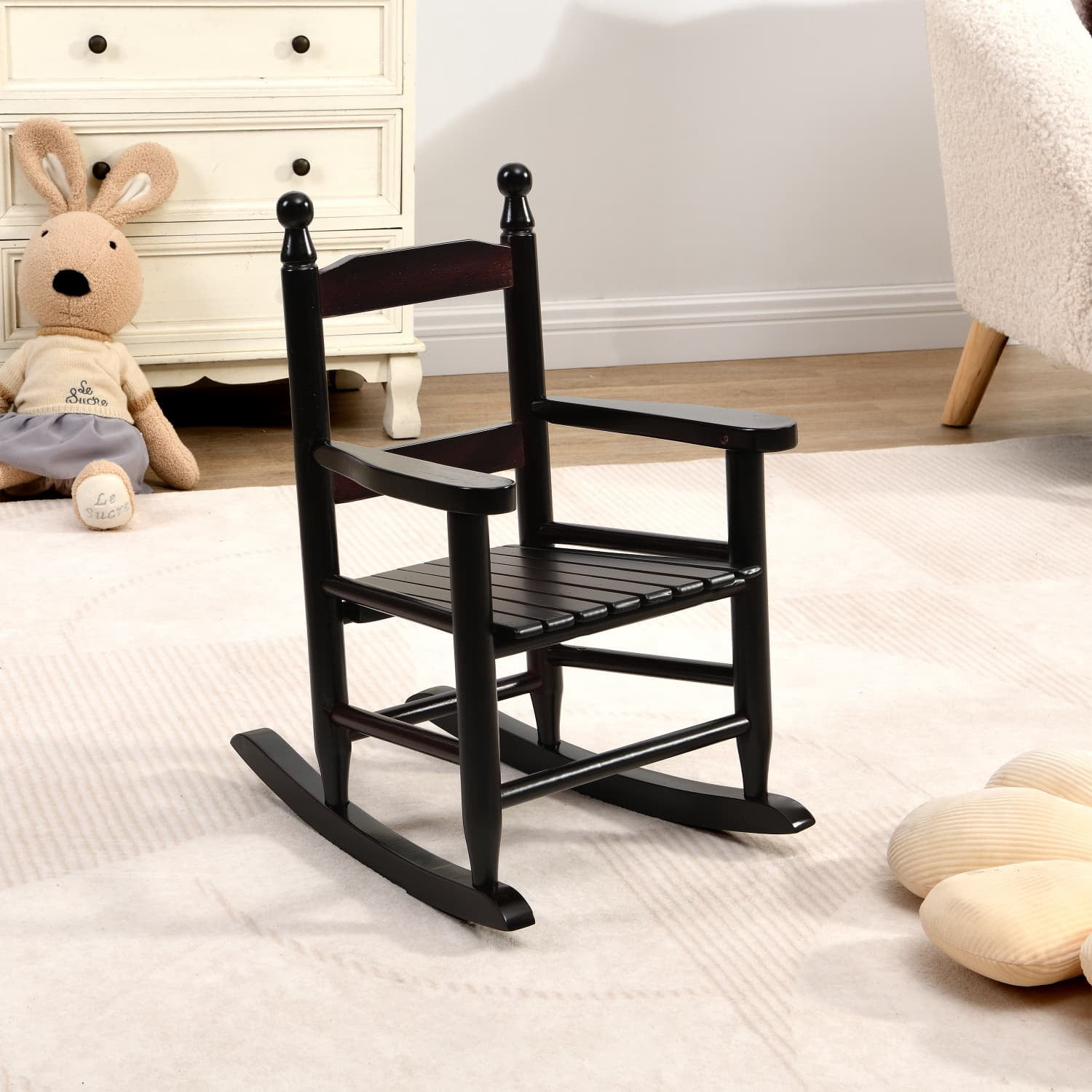 Kids Solid Poplar Wood Rocking Chair, Indoor & Outdoor Child Rocker with Slatted Backrest, Easy Assembly Supports up to 100 LBS for Balcony Porch Use