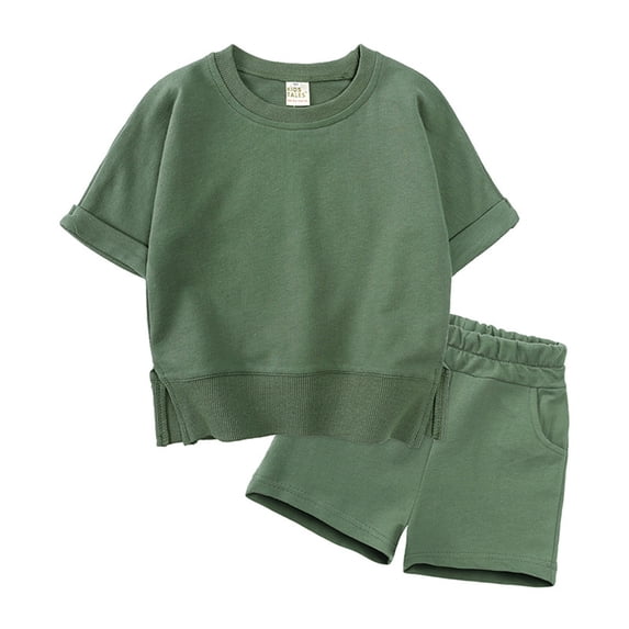 Kids Solid Pullover Short Sleeve Sweatshirt and Shorts Set, Unisex Summer Outfit