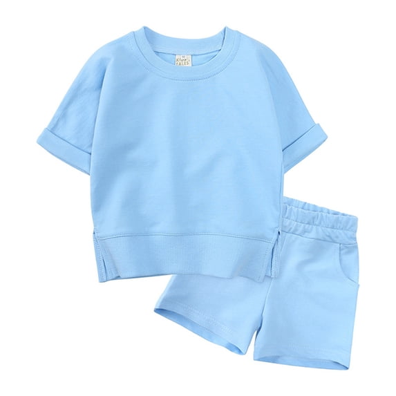 Kids Solid Pullover Short Sleeve Sweatshirt and Shorts Set, Unisex Summer Outfit