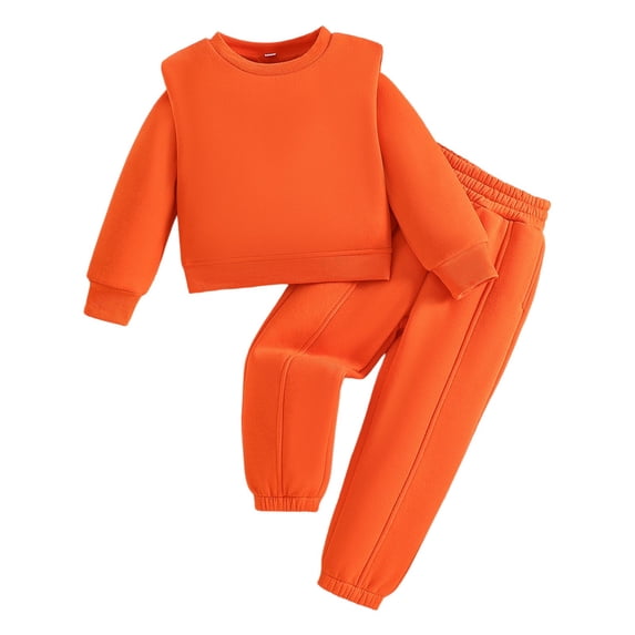 Kids Solid Sweatshirt Jogger 2 Piece Outfits Set, Lined Long Sleeve Crew Neck Tracksuit for Boys Girls Fall Winter School Daily Casual Wear(Orange,3-4 Years)