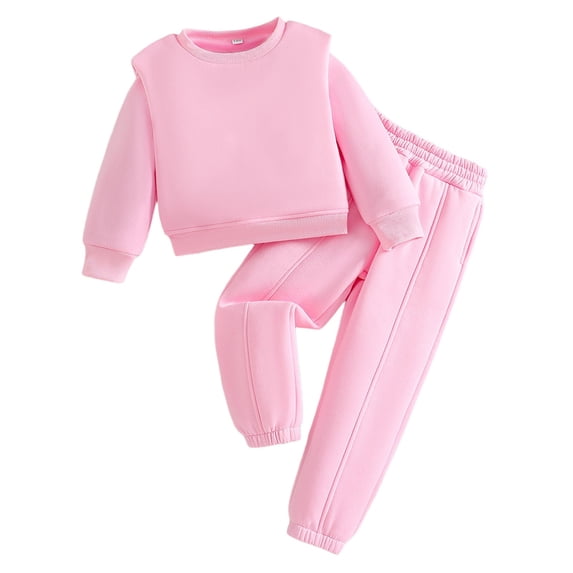 Kids Solid Sweatshirt Jogger 2 Piece Outfits Set, Lined Long Sleeve Crew Neck Tracksuit for Boys Girls Fall Winter School Daily Casual Wear(Pink,1-2 Years)