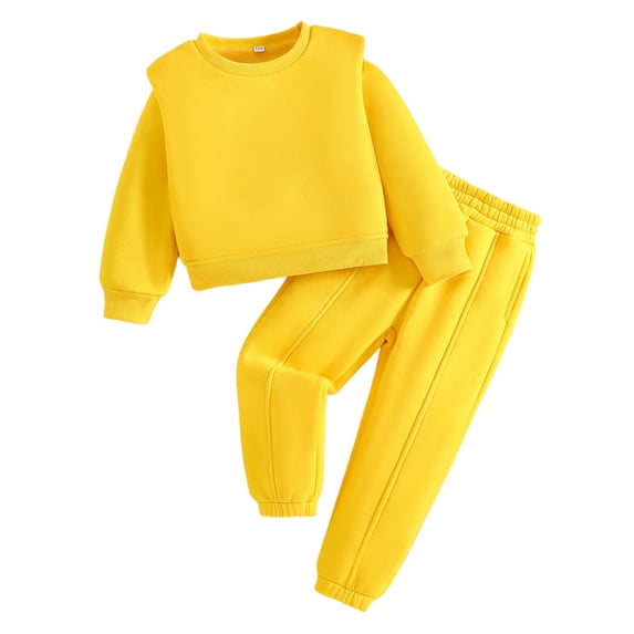 Kids Solid Sweatshirt Jogger 2 Piece Outfits Set, Lined Long Sleeve Crew Neck Tracksuit for Boys Girls Fall Winter School Daily Casual Wear(Yellow,5-6 Years)