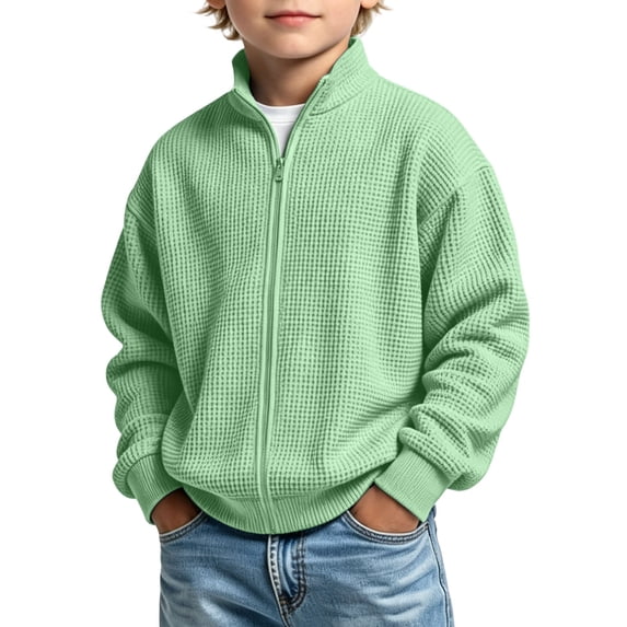 Kids Solid Zip Stand Collar Winter Jacket, Loose Casual Outerwear for Boys Girls Green 13 Years