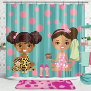 Kids Spa Day Shower Curtain Set with Cute Cartoon Characters Leopard Print and Polka Dots Perfect Bathroom Decor for Playtime and Dress-Up Fun
