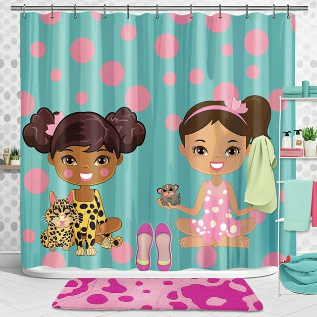 Kids Spa Day Shower Curtain Set with Cute Cartoon Characters Leopard ...