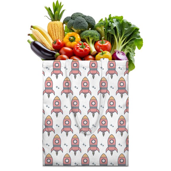 Kids' Space Adventure Canvas Tote Bag – Colorful Cartoon Rocket Moon and Stars Design Reusable Shopping Bag