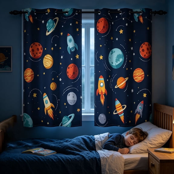 Kids Space Blackout Curtains Rocket Planet Print, Room Darkening Window Drapes with Grommets, 2 Panels 42 x 63 Inch, Polyester Bedroom Dcor for Boys