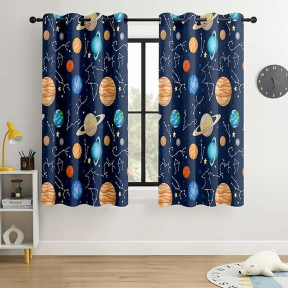 Kids Space Constellation Planets Blackout Curtains - 100% Blackout, Thermal Insulated, Noise Reducing, Window Curtain Perfect For Kids Room And Nursery 42"W x 63"L (Pack of 2)