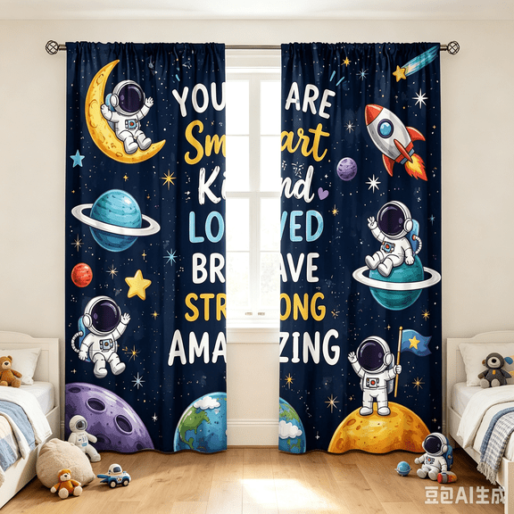 Kids Space Curtain Panels 42" x 84", 2 Piece Astronaut Galaxy Window Drapes with Rocket Planet Stars Design for Boys Bedroom Nursery Decor