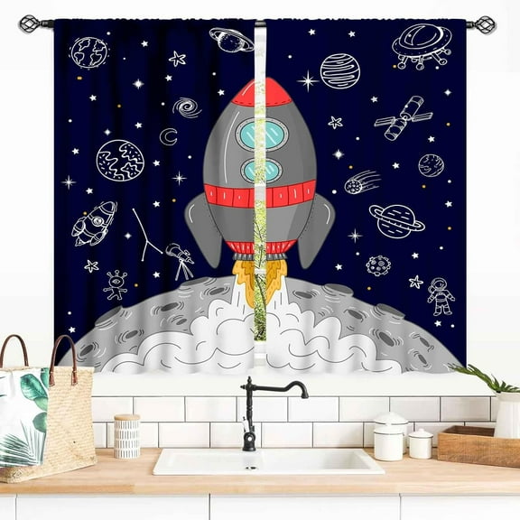 Kids Space Curtains for Boys Room, Cartoon Rocket Universe Galaxy Space Planets Navy Blackout Kids Window Drapery Treatments for Bedroom Living Room Nursery Playroom 2 Panels, 27.5x36 Inch
