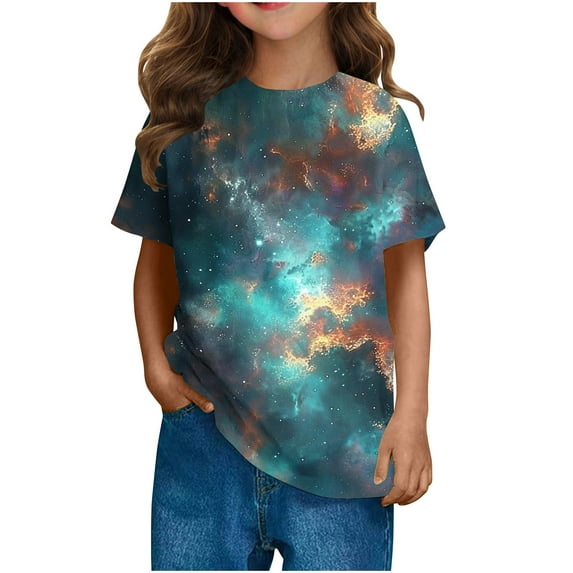 Kids Space Galaxies T Shirts Short Sleeve 3D Graphic Tees Shirts Funny Crew Neck T-Shirts Neon Novelty Clothes Blue, 5 Years