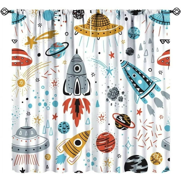 Kids Space Rocket Curtains, Cartoon Outer Space Rockets Planets Stars Comets Universe Adventure Print Window Treatments for Boys Bedroom Living Room 84x84in