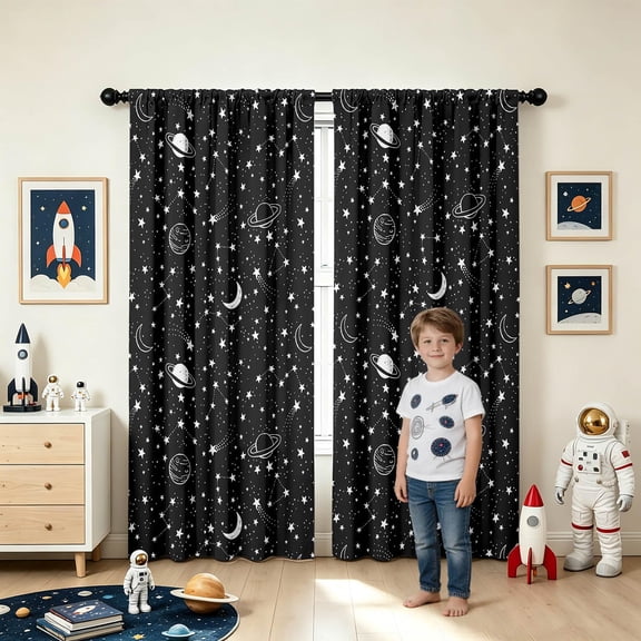 Kids Space Themed Blackout Curtains - 100% Blackout 2 Panels | Each W52×L84, Thermal Insulated, Noise Reducing, Perfect for Kids Room and Nursery, Solar System Design