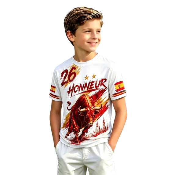 Kids Spain Bull Graphic Football Short Sleeve T Shirt Boys Girls Soccer Training Uniform Sport Casual Fan Tee 3 Years-16 Years