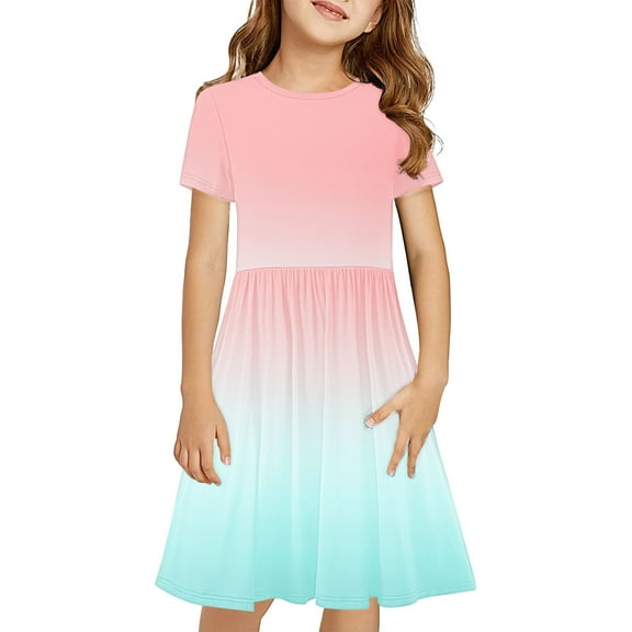 Kids Sparkly Dress Girls Short Sleeve Dress Gradient Printed Casual a Line Skater Dresses T-Shirt Dress for School Little Girls' Long Sleeve Dresses 5Y