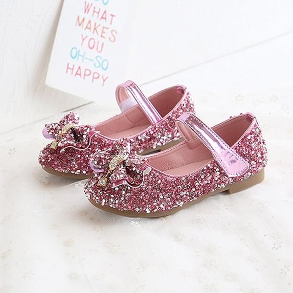 Kids' Sparkly Rhinestone Flat Shoes, Adjustable Strap Glitter Decor Non‑slip Sole Toddler Princess Casual Shoes Pink 25