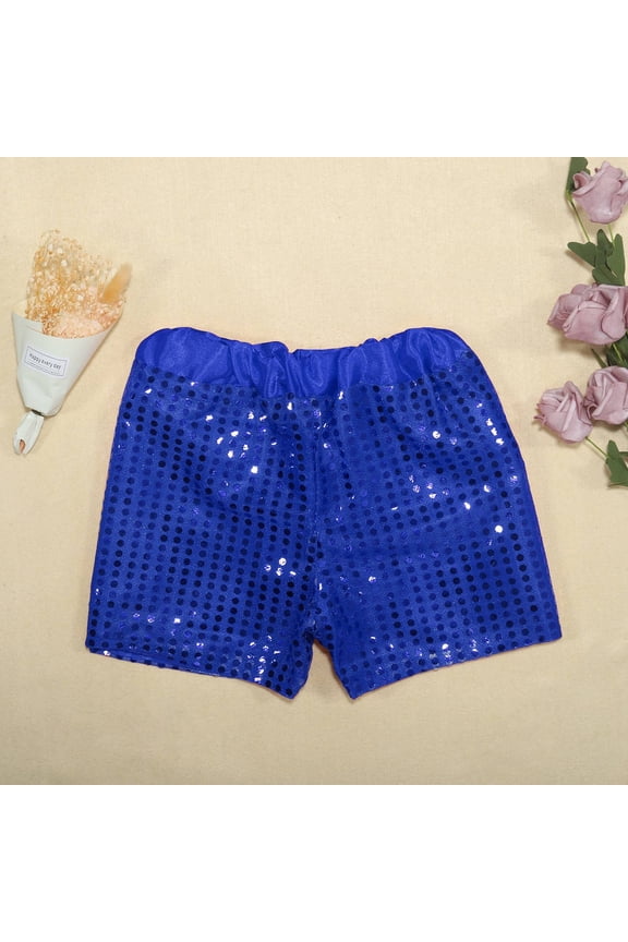 Kids' Sparkly Sequin Elastic Waist Shorts, Unisex Boys Girls Dance Performance Party Shorts, Glitter Sequin Short Pants for Carnival Halloween Birthday, Kid-Safe Comfort Fit Ages 2-14