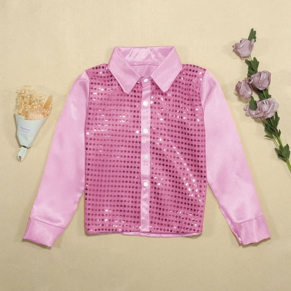 Kids Sparkly Sequined Long Sleeve Shirt For Boys Girls Button Down Dance Performance Top Hop Jazz Stage Party Wear Holiday Carnival Graduation Outfit 3â14Y Pink,120=5-6Y