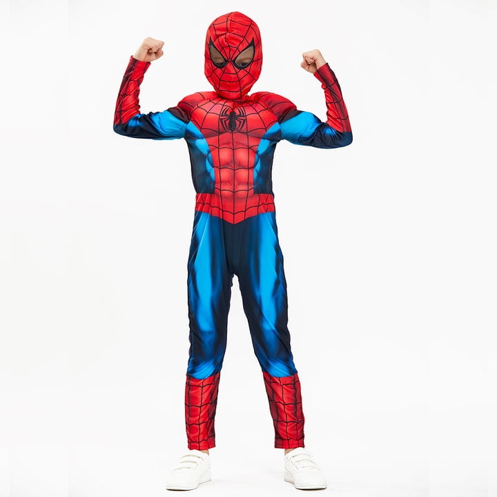 Kids Spider Costume, 2 Pcs Muscle Bodysuit with Hooded Mask Super Hero Jumpsuit for Boys Girls Unisex Children S