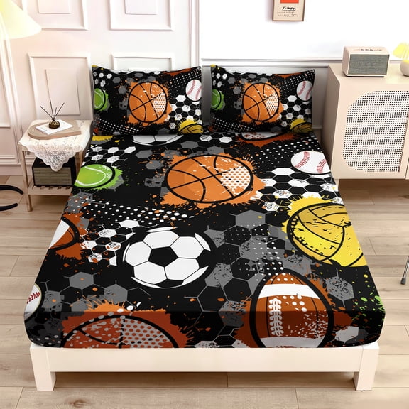 Kids Sports Balls Bedding Twin Size,Tie-Dye Football Basketball Baseball Print Fitted Sheet Set for Boys Room Decor,Sports Themed Bedding Sets.