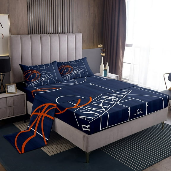 Sports Full Sheets Basketball Bedding, Basketball Print Bed Sheets Set Ball Game Sheet Set, Basketball Court Bedding Set