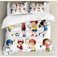 thumbnail image 1 of Kids Sports King Size Duvet Cover Set, Children Playing Soccer Baseball Basketball Volleyball Golf Tennis Hobby Theme, Decorative 3 Piece Bedding Set with 2 Pillow Shams, Multicolor, by Ambesonne, 1 of 3