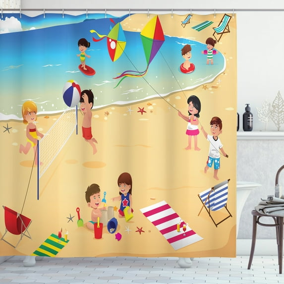 Kids Sports Shower Curtain, Beach Volleyball Little Kids Playing by the Sea Summer Baby Holiday Nursery, Fabric Bathroom Set with Hooks, 69W X 70L Inches, Multicolor, by Ambesonne
