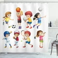 thumbnail image 1 of Kids Sports Shower Curtain, Children Playing Soccer Baseball Basketball Volleyball Golf Tennis Hobby Theme, Fabric Bathroom Set with Hooks, 69W X 84L Inches Extra Long, Multicolor, by Ambesonne, 1 of 3