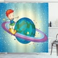thumbnail image 1 of Kids Sports Shower Curtain, Fantasy Boy Skateboarding on Rings of Saturn Sci Fi Cosmos Planetary Playroom, Fabric Bathroom Set with Hooks, 69W X 70L Inches, Multicolor, by Ambesonne, 1 of 3