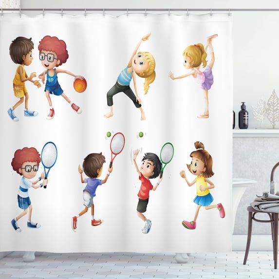 Kids Sports Shower Curtain, Little Girl Stretching Basketball Players Work Out Tennis Yoga Ballerina Child, Fabric Bathroom Set with Hooks, 69W X 75L Inches Long, Multicolor, by Ambesonne