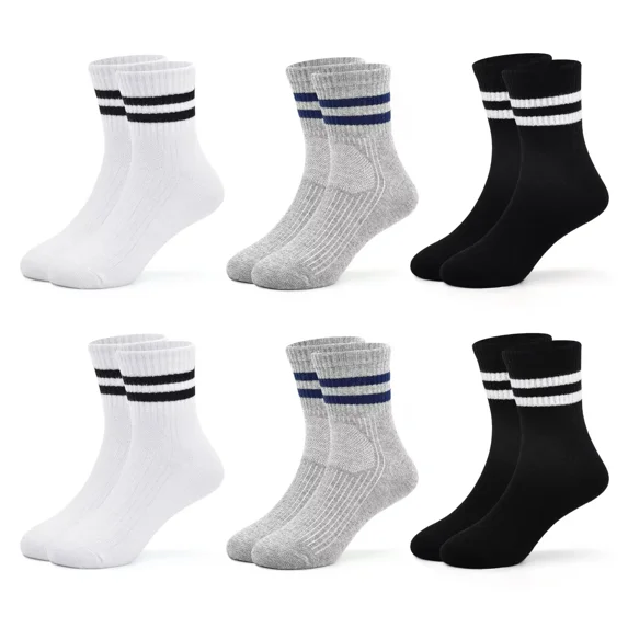 Kids Sports Socks Boys Striped Cotton Crew Socks 6 Pairs Girls Black White Grey Cushioned School Athletic Socks 1-12 Years