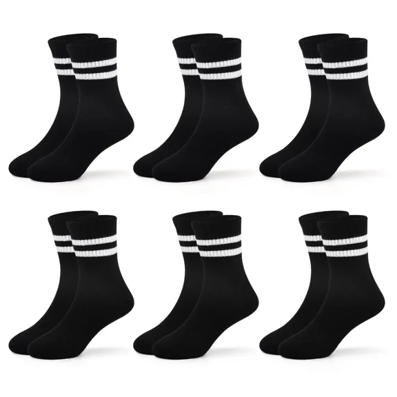 Kids Sports Socks Boys Striped Cotton Crew Socks 6 Pairs Girls Black White Grey Cushioned School Athletic Socks 1-12 Years