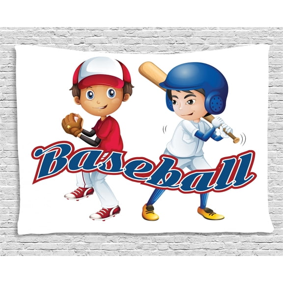 Kids Sports Tapestry, Baseball Player Boys Pitching Champions Winner Olympics Competition, Wall Hanging for Bedroom Living Room Dorm Decor, 80W X 60L Inches, Cobalt Blue Red White, by Ambesonne