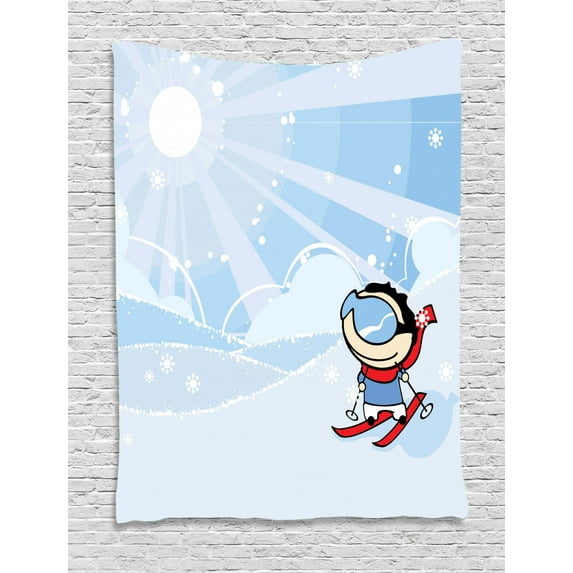 Kids Sports Tapestry, Cute Boy Skiing on the Mountain with Snowflakes and Sunshine Nursery Playroom, Wall Hanging for Bedroom Living Room Dorm Decor, 60W X 80L Inches, Multicolor, by Ambesonne