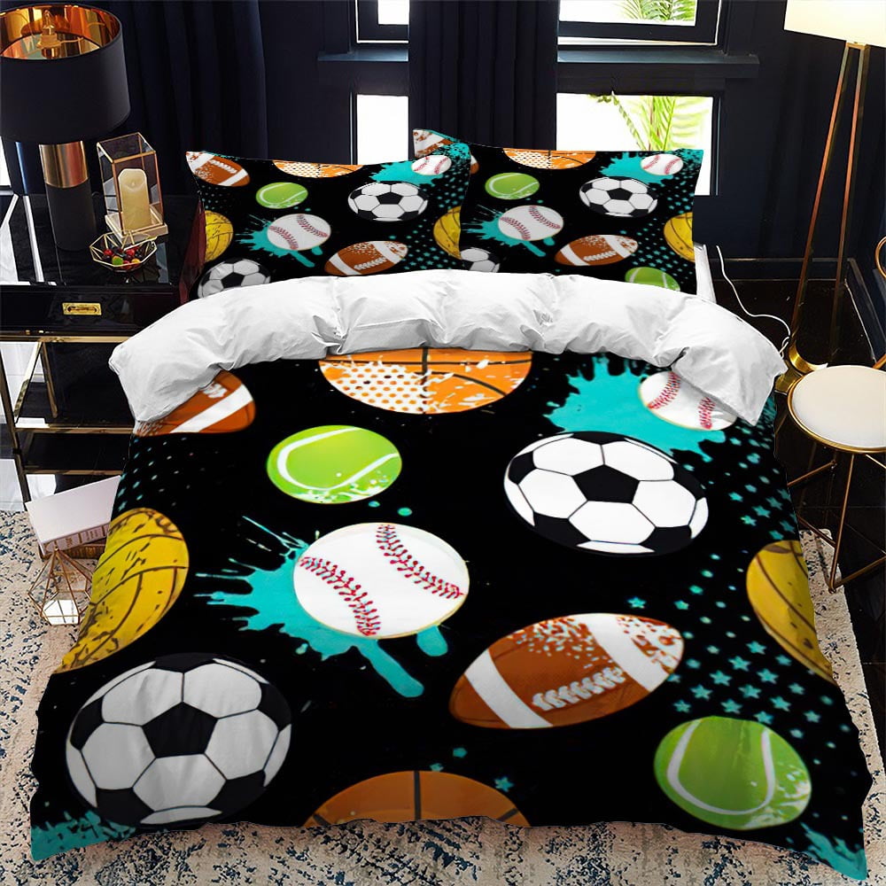 Kids Sports Theme Bedding Set,Basketball Football Baseball Tennis Print