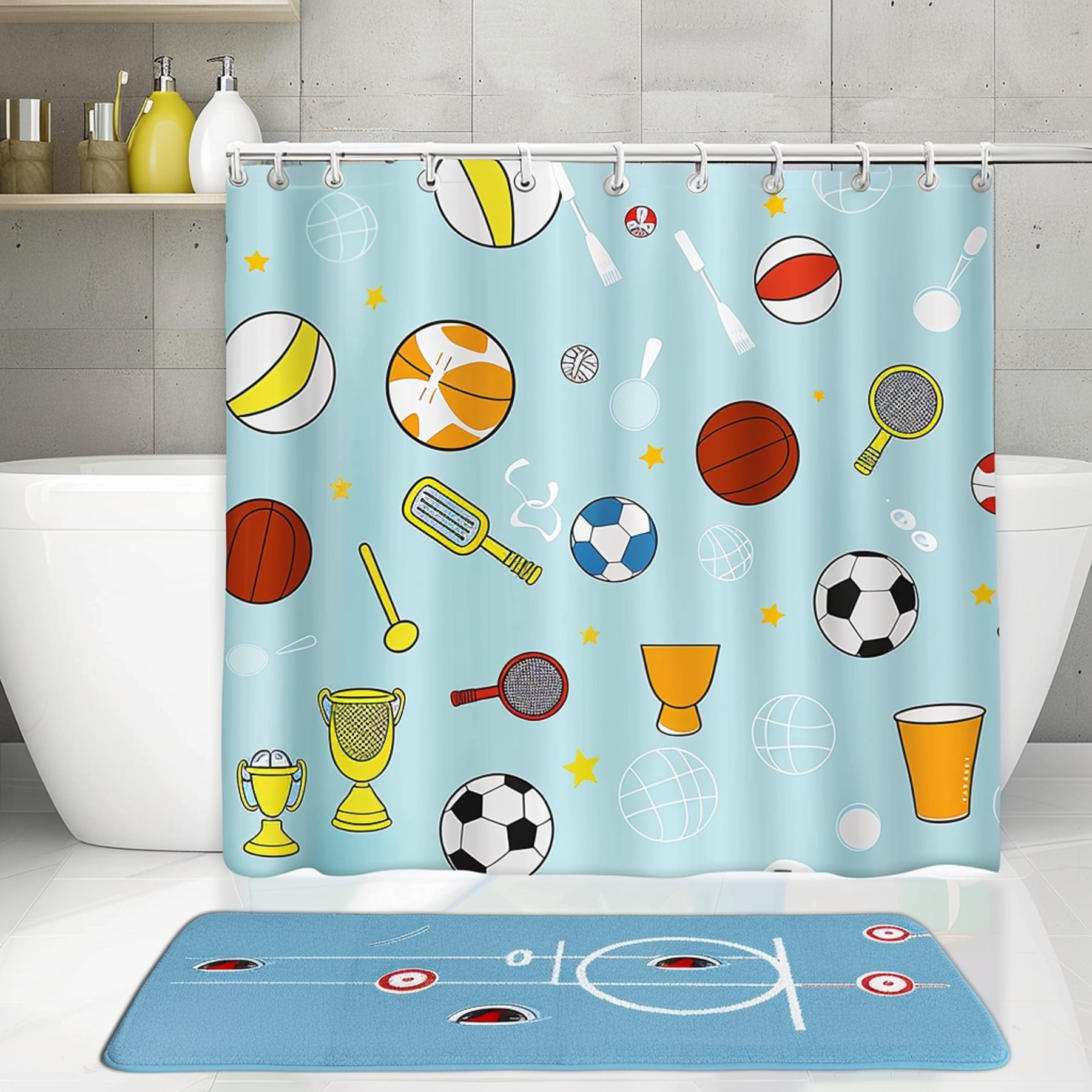 Kids Sports Themed Bathroom Shower Curtain Football Basketball Trophies