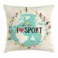 thumbnail image 1 of Kids Sports Throw Pillow Cushion Cover, I Love Sports Quote on Earth Globe Surrounded by Gymnastic Athlete Children, Decorative Square Accent Pillow Case, 16 X 16 Inches, Multicolor, by Ambesonne, 1 of 2