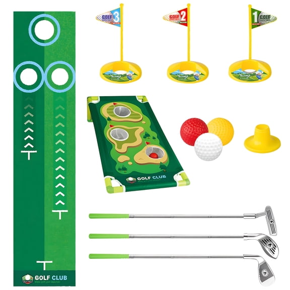 Kids Sports Training Equipment Golfing Play Set With Course Mat Corn Hole Board Inside