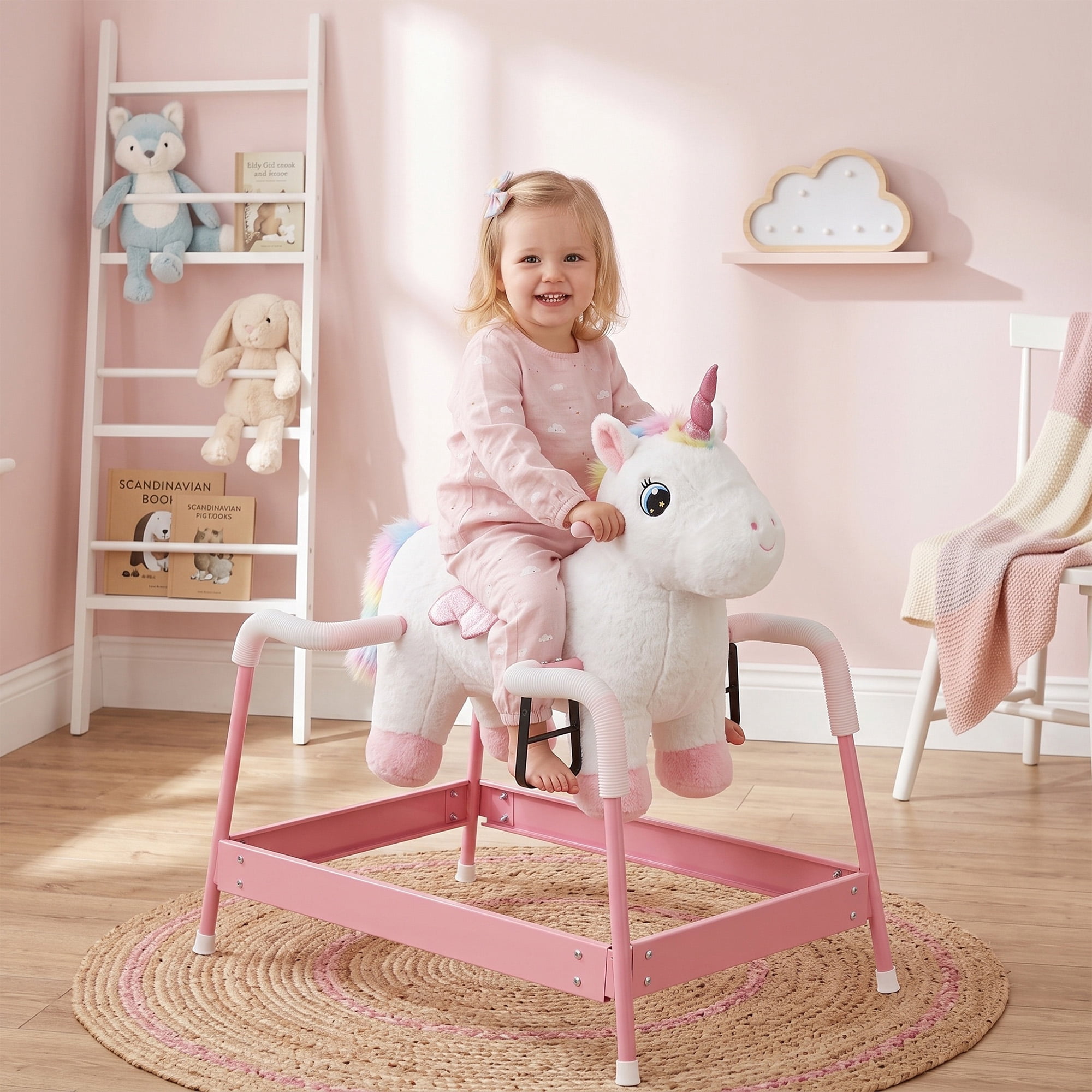 Baby Rocking Riding Kids Spring Rocking Horse, Unicorn Ride on Horse with Neighing Sounds ...