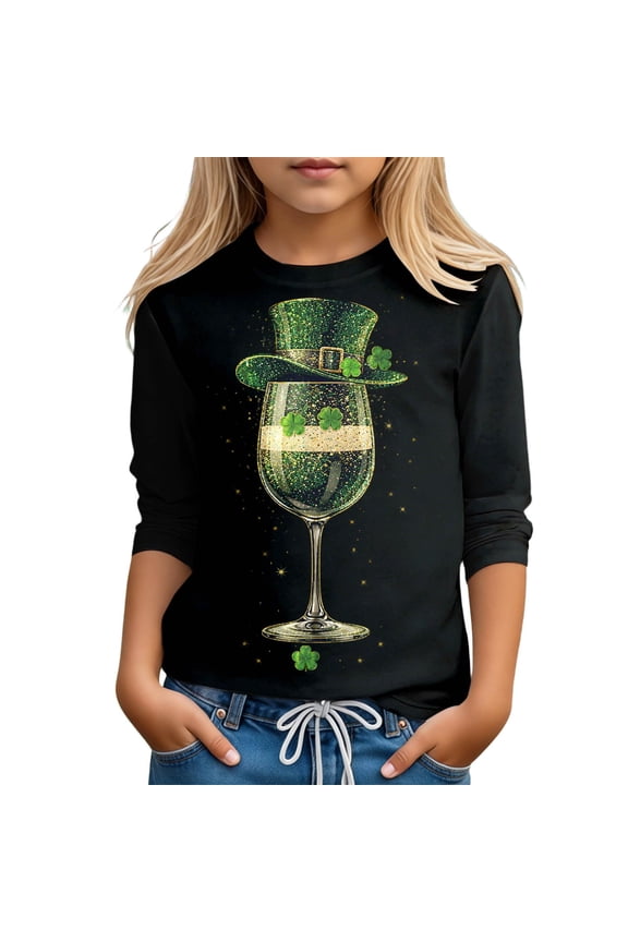 Kids' St. Patrick's Day Print 3 4 Sleeve T Shirt With Goblet Magic Hat Print Casual Crew Neck Top Green 12 Y-13 Y