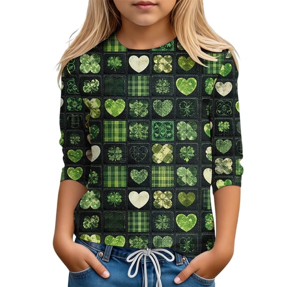 Kids' St. Patrick's Day Print 3 4 Sleeve T Shirt With Shamrock Plaid Print Casual Crew Neck Top Green 4 Y-5 Y