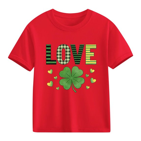 Kids St. Patrick's Day Shirt Girls Red Shamrock Love T-Shirt 100% Cotton Short Sleeve Crewneck Holiday Top,Size 5 T