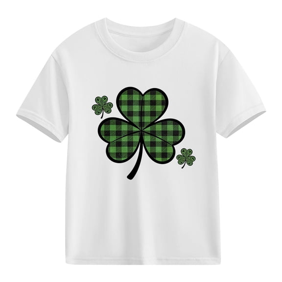 Kids St Patrick's Day Shirt Girls White Clover T-Shirt | Holiday Cotton Short Sleeve Tee Lucky Shamrock Plaid Top,Size 5 T