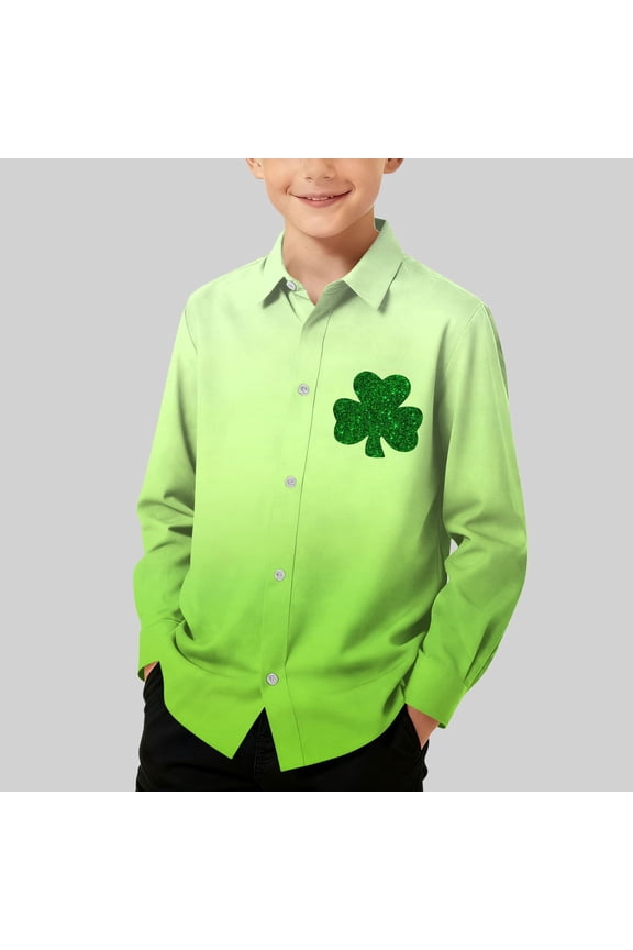 Kids St. Patrick's Day Shirt for Boys | Long Sleeve Green Button Down with Glitter Shamrock | Holiday Party Clothes,Size 11-12 T