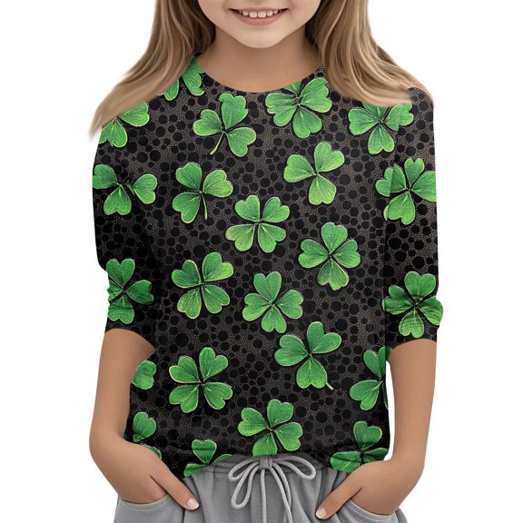Kids St. Patrick's Day Shirts Girls Irish 3/4 Sleeve Shamrock Shirts Casual Graphic Clover Tees Tops Cute Funny St Patrick's Day Clothing,Army Green 8-9 Years