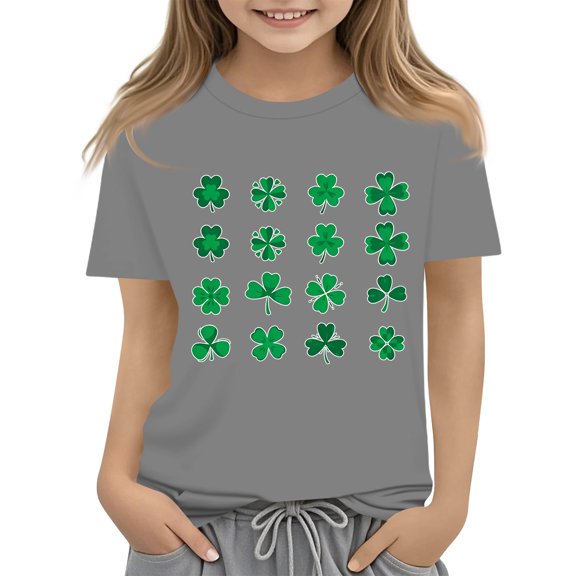Kids St Patricks Day Shirts Boys Girls Irish Shamrock Clover Shirt St Patrick's Day Graphic Short Sleeve Tees Tops Loose Fit Holiday Casual T-Shirts,Gray 5-6 Years