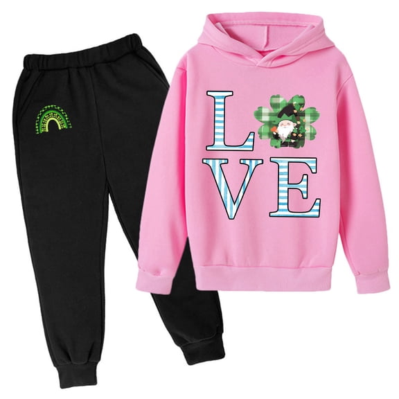 Kids St Patricks Day Sweatsuits Hoodies Outfits for Girls Hooded Sweatshirts Long Sleeve Pullover Shamrock Clover LOVE Print Shirts and Casual Joggers