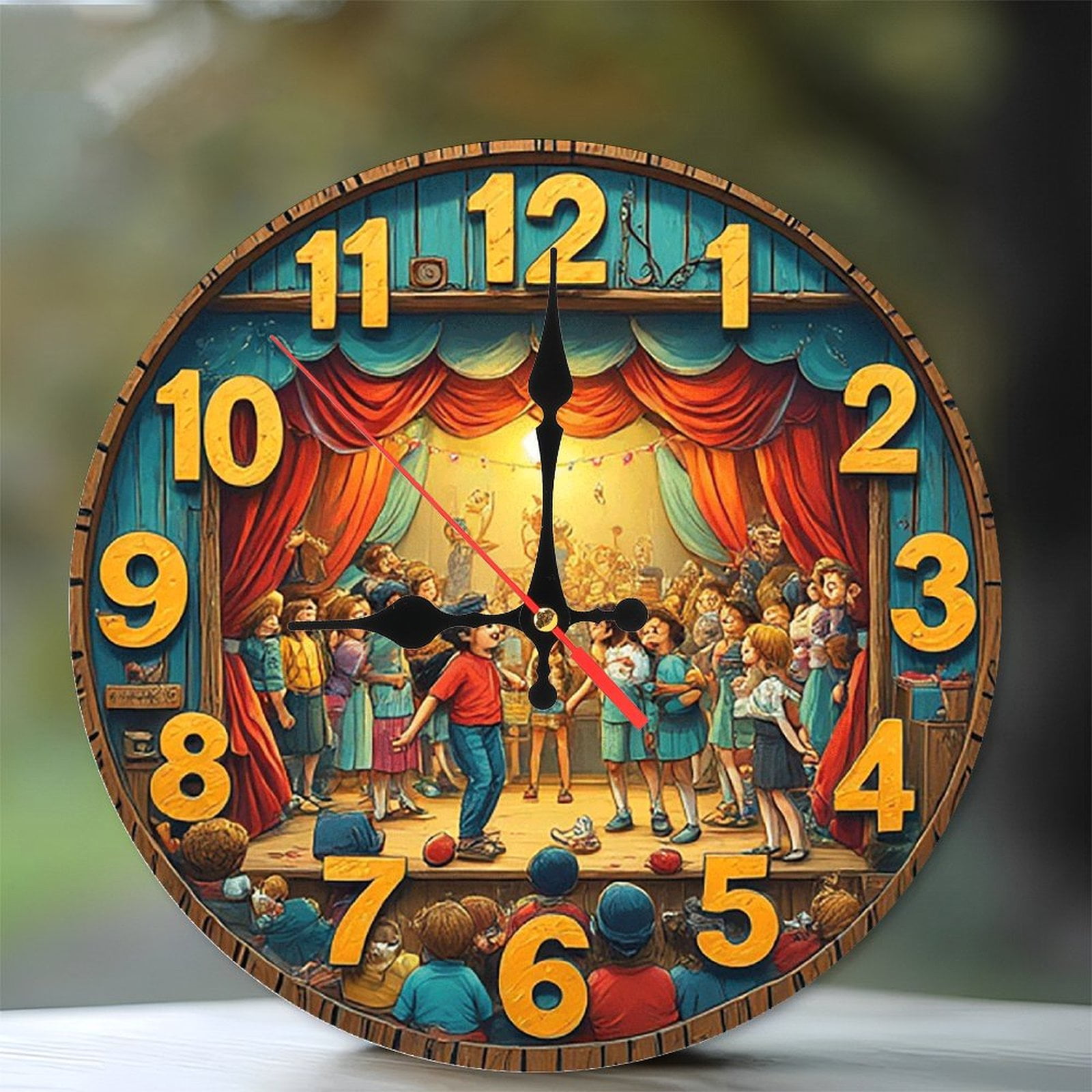 Kids Stage Performance Wall Clock Wooden Round Clock 10-Inch Silent ...