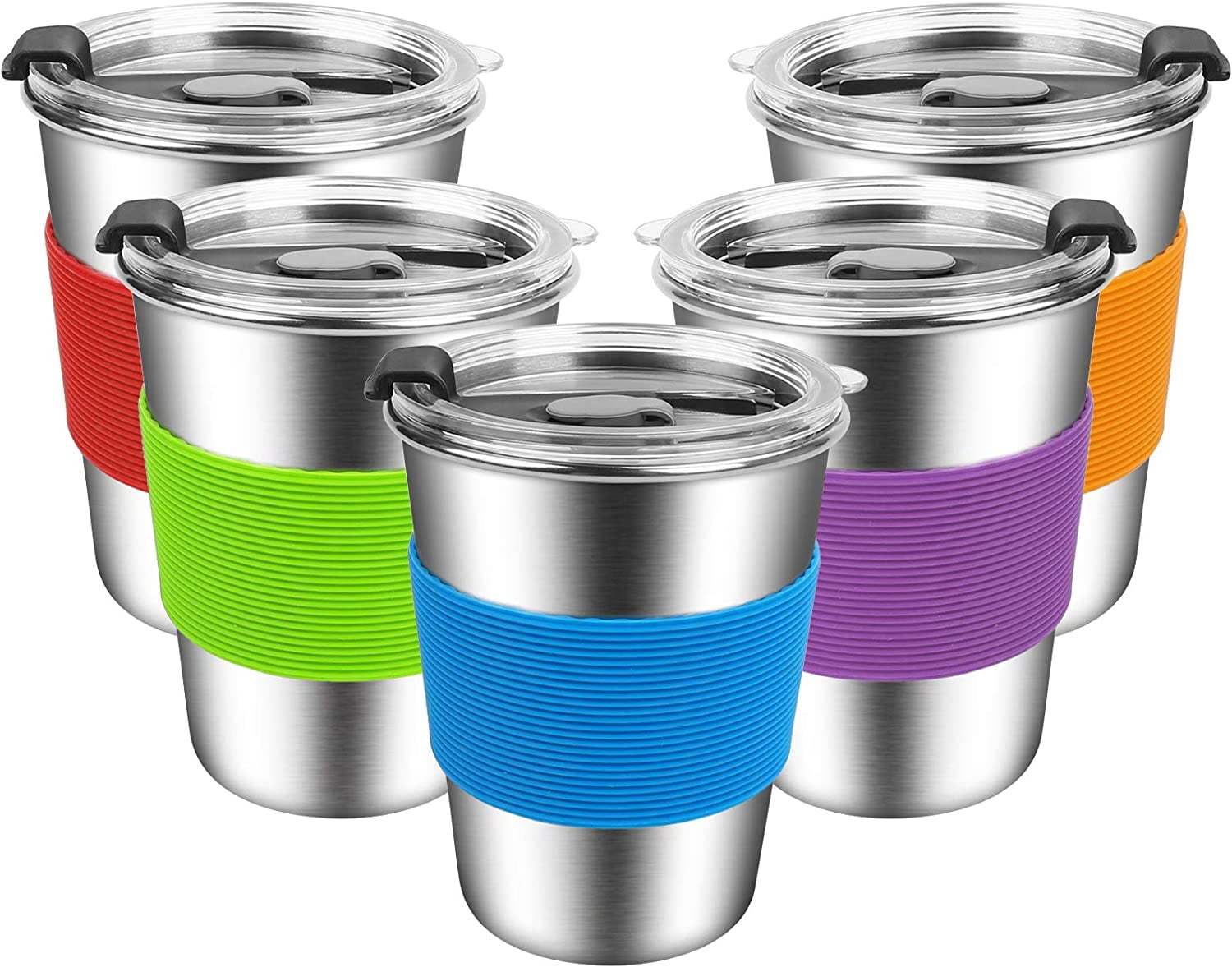 Kids Stainless Steel Cups,12oz Kids Metal Drinking Glasses with Lids and Sleeves, 5pack Reusable Water Tumbler for Children and Adults Spill Proof, Apply to Indoor and Outdoor