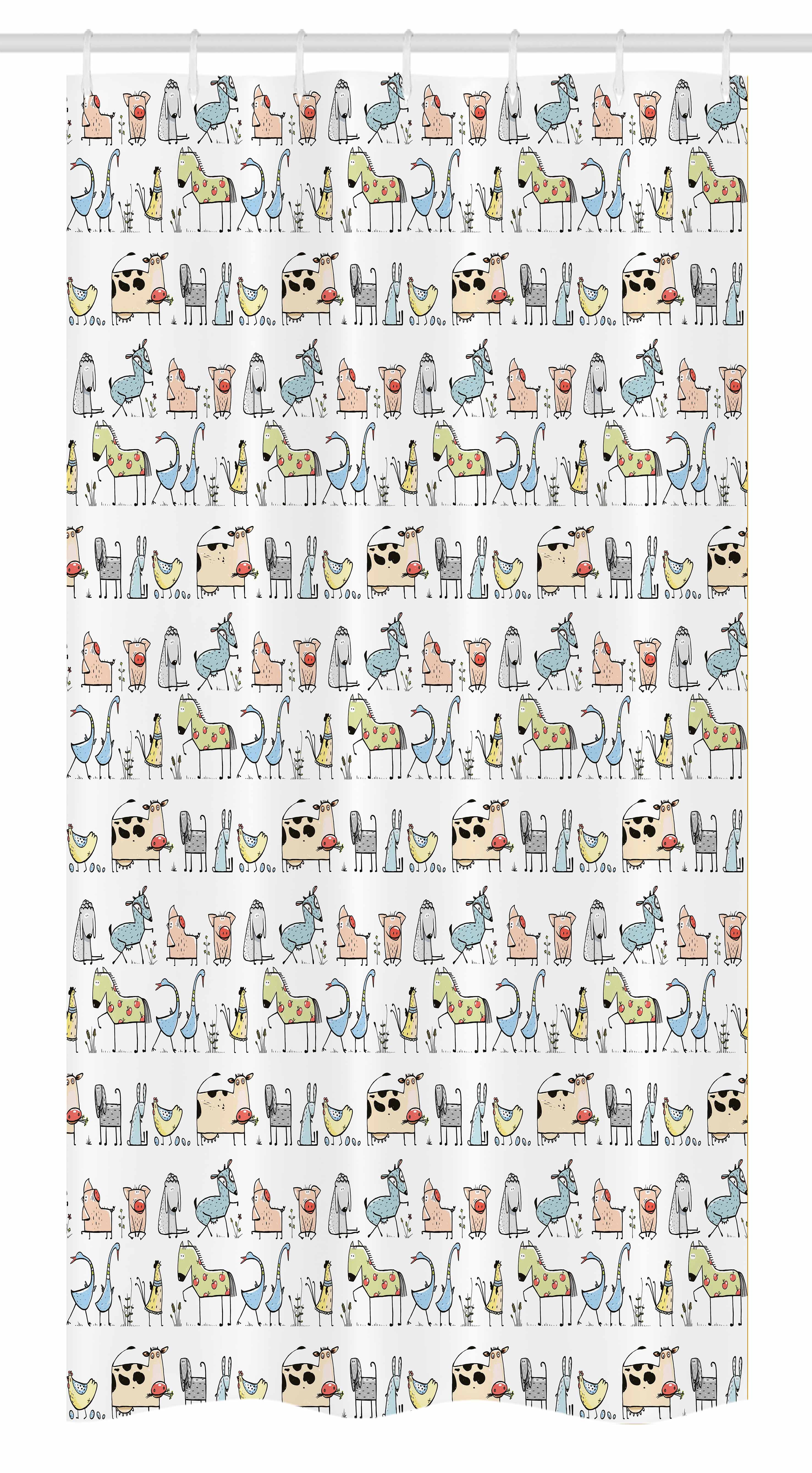 Kids Stall Shower Curtain, Cartoon Village of Domestic Animals Goat Goose Sheep Funny Patterns Kids Nursery, Fabric Bathroom Set with Hooks, 36W X 72L Inches Long, Beige Yellow, by Ambesonne